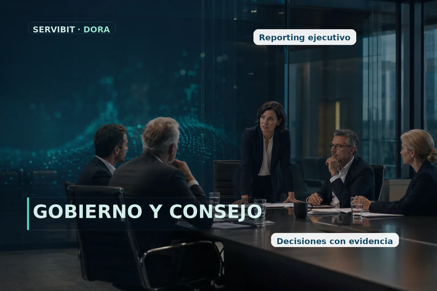 Consejo y responsables de riesgo revisando resiliencia operativa digital en un comité ejecutivo